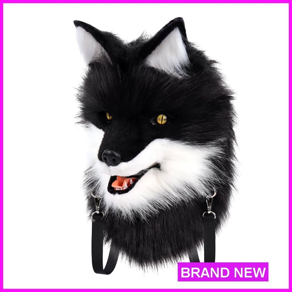 Faux Fur Dog Head Backpack Adjustable Shoulder Bag Plush Animal Mask